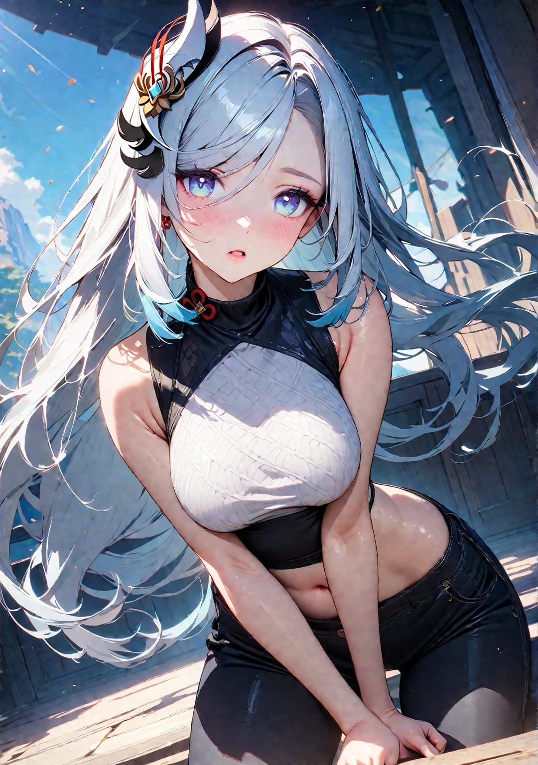 super high quality, 8k, RAW photo, realistic, cute female, light blue eyes, light blue twintails hair, forehead, full makeup, amorous expression, lewd expression, red tight knit sweater, large breasts, slender proportion, open long black shiny iridescent coat with high collar, black miniskirt, (skirt lift white lace panty:1.1), background stairs