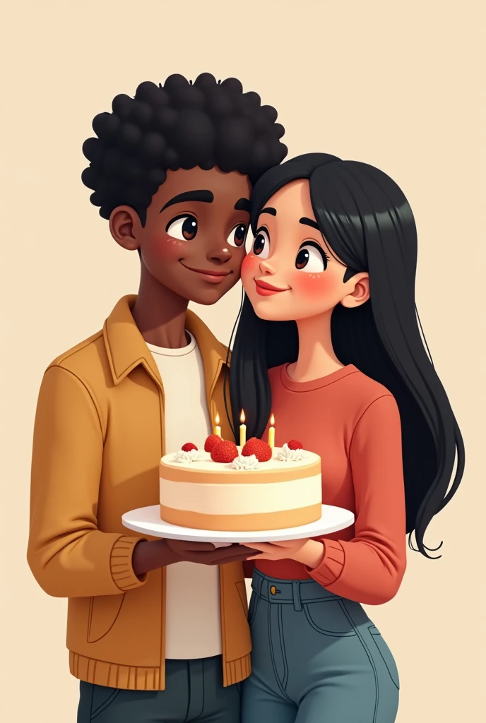 drawing of a cake, with a young couple with a slight smile where the woman is white with straight black hair and the man is black with curly black hair, as if it were a cartoon, the boy can't have a beard and the girl has to have long hair. the drawing has to be animated but a little realistic, the couple has to be leaning against each other and holding the cake smiling, nothing too childish. the couple has to look like they are 14 years old. the boy's hair is curly and defined, while the girl's is long down to her waist with happy facial expressions but not too much, just a slight smile 