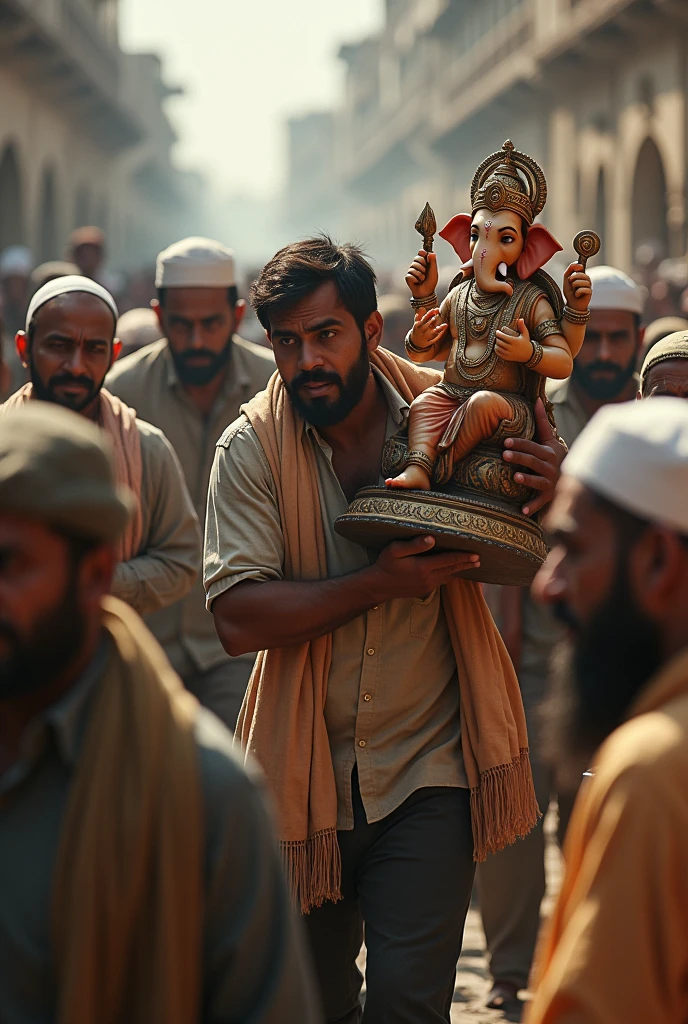 One man taking ganapati murty and Muslim peoples scarying by the man

