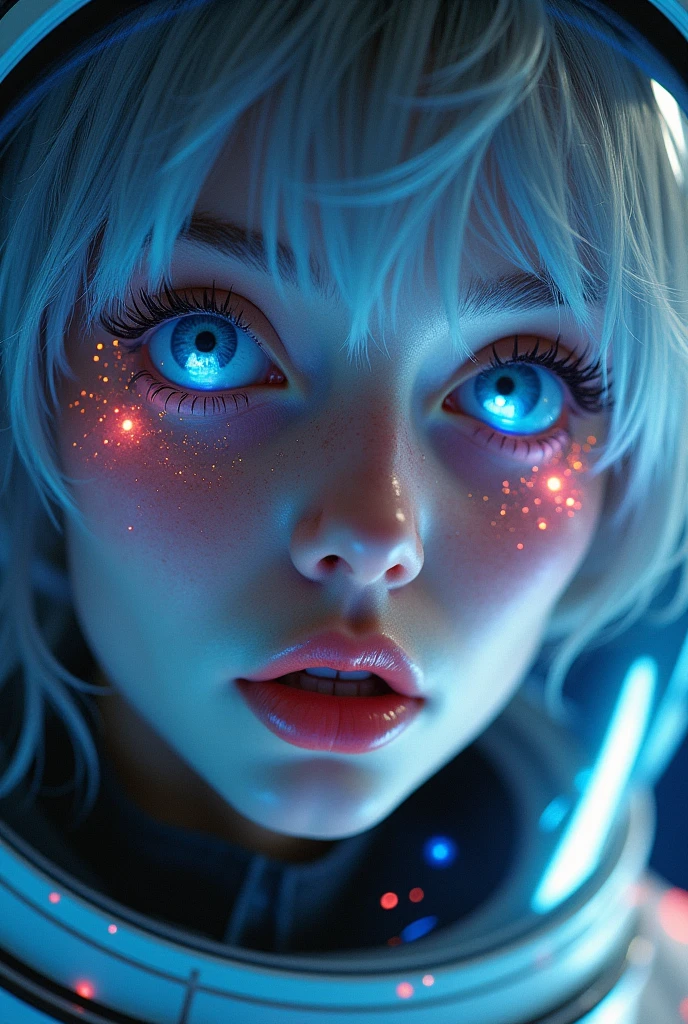 (Close-up of a better masterpiece:1.5)0.9], (Space and astronauts:1.2) (Messy silver hair:1.1) (Heterochromia xanthochromia and blue eyes:1.2) (Space Helmet:1.0) (Colored stars in the eyes:1.0) (A radiant glow:1.1) (thick lips:0.9)