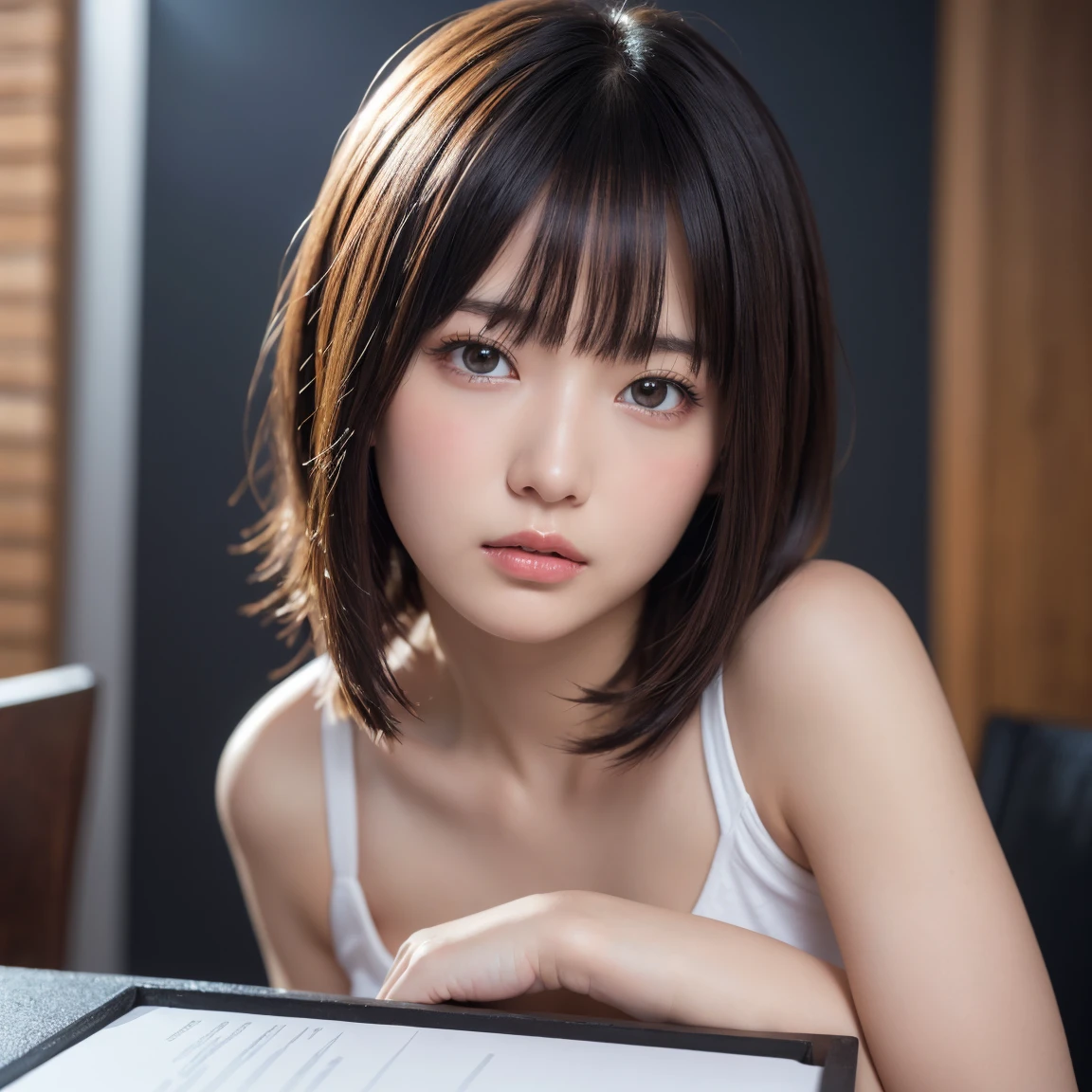 ((Upper Body:1.3)).Blown by the long wind [Blue-black:.3] hair,Looking at the audience, (Tabletop:1.3), (8k, Realistic, RAW Photos, Highest quality: 1.4), Japanese, (1 girl), Beautiful Face, (Realistic face),{Wavy medium hair|Front hair long bob|short hair with long bangs}{Black hair|Brown hair|Blonde hair}, Beautiful hairstyle, Realistic eyes, Beautiful and beautiful eyes, (Realistic skin), Beautiful Skin, charm, Ultra-high resolution, Surreal, Very detailed, Golden Ratio,Female student peeing in toilet、shame(blush:1.3),cover your chest with your hands