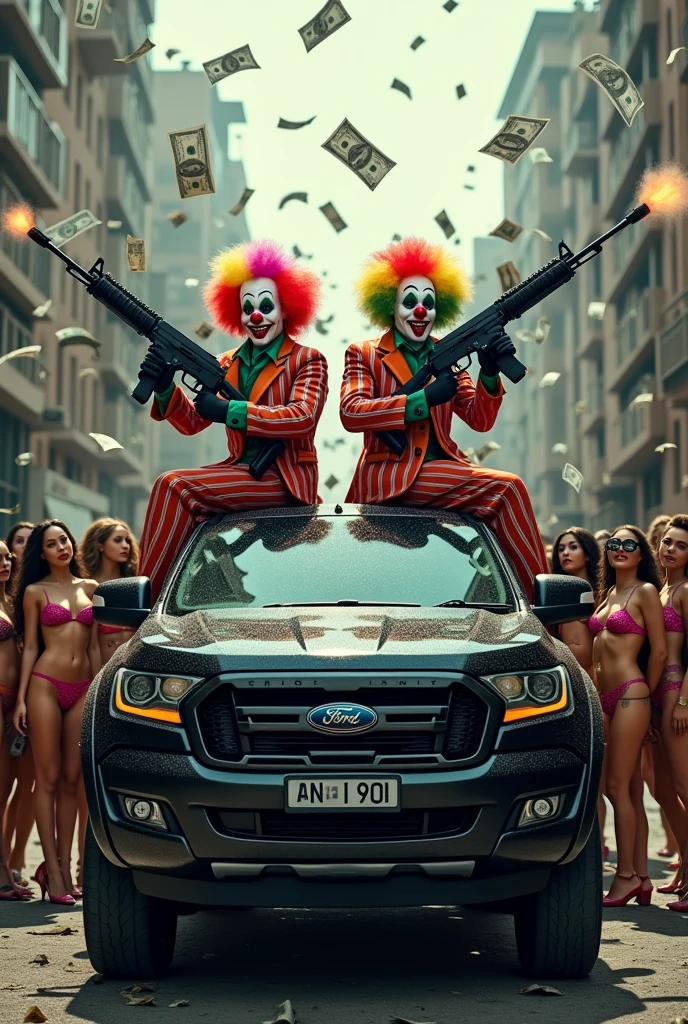 Two AK47 clowns sitting on top of a black Ranger Sport pickup truck, several women in bras around , raining money