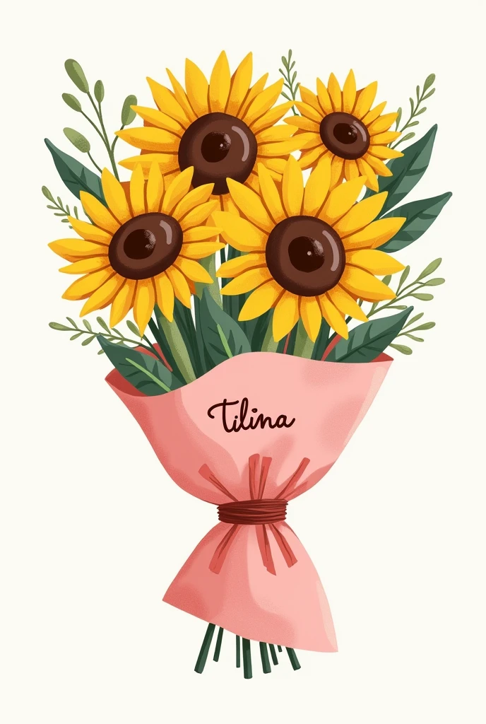 Generate me some simple web-drawn sunflowers with a pink wrapper that says Tilina