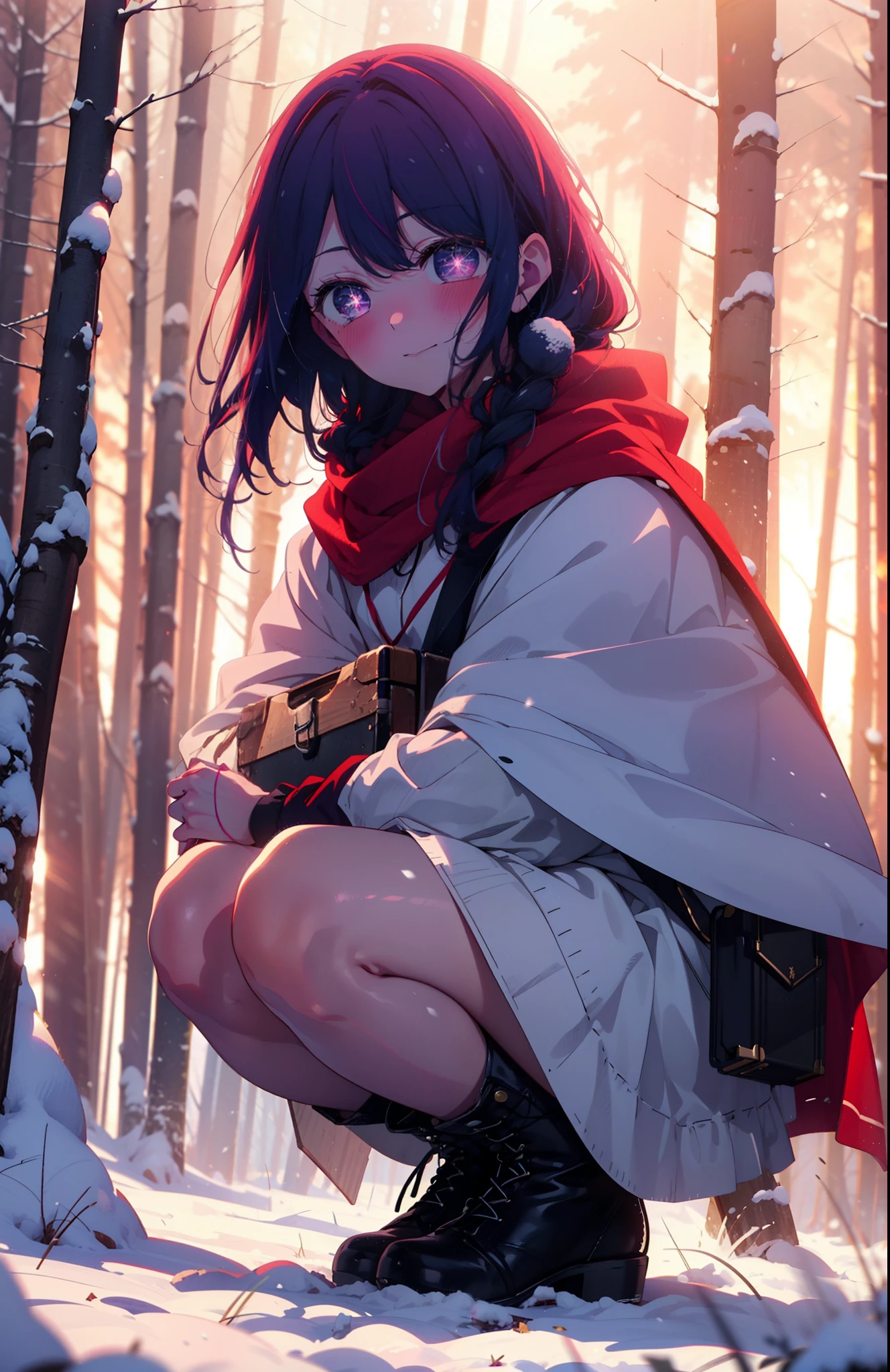aihoshino, Ai Hoshino, Long Hair, bangs, (Purple eyes:1.1), Purple Hair, (Symbol-shaped pupil:1.5), smile,,smile,blush,white breath,
Open your mouth,snow,Ground bonfire, Outdoor, boots, snowing, From the side, wood, suitcase, Cape, Blurred, , forest, White handbag, nature,  Squat, Mouth closed, Cape, winter, Written boundary depth, Black shoes, red Cape break looking at viewer, Upper Body, whole body, break Outdoor, forest, nature, break (masterpiece:1.2), Highest quality, High resolution, unity 8k wallpaper, (shape:0.8), (Beautiful and beautiful eyes:1.6), Highly detailed face, Perfect lighting, Extremely detailed CG, (Perfect hands, Perfect ???????),
