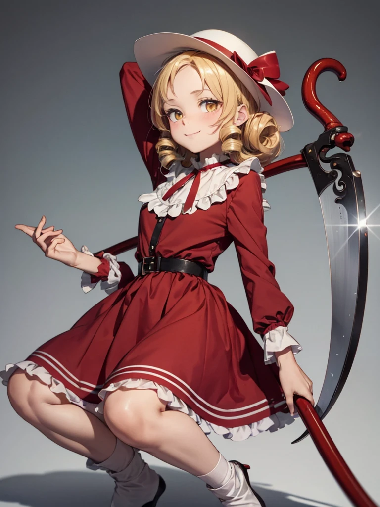 a drawing of an anime character in a red dress and boots with a large scythe, ((high end)), (UHD picture), (best quality,4k,8k,highres,masterpiece:1.2), top-quality(​masterpiece), top-quality, ultra-detailed, highly detailed texture, intricate details, high quality textures, masterpiece, best quality, perfect quality, perfect anatomy, perfect body, perfect symmetrical face, perfect hands, perfect feet, (two arms:1.2), (two legs:1.2), (five fingers each:1.2), (perfect joint:1.2), perfect joint movement, precise fingers and hands, 1 beautiful girl, 1 girl, alone, solo, , 10 years old, (((****))), ((childish)), hat, white hat, blonde hair, long hair, parted bangs, drill hair, well-formed face, yellow eyes, maxi dress, red dress, dress, long sleeves, frills, long skirt, simple background, scythe, holding scythe, holding, white socks, smile, cute face, beautiful, holding scythe