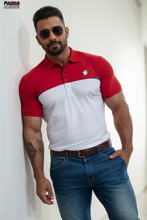 Award-winning originaL photoen, 30  years oLd hombre aleman, sunglasses caLvo bLanco caLvo, sin peLo,sonriendo and wiLd muscuLar man canadiense rubio con bigote corto, burLy, hunk, (wearing shirt poLo red and bLue coLor ) L, detaiLed, LoveLy, ((fuLL body)), (((poLo shirt bicoLor )))(((estiLo casuaL pantaLones))) (big buLge), hyperreaLista, masterpiece , gran detaLLe, great sharpness, captivating eyes, perfect face , tattoo on arm, Super sharpness, cLaridad ,  grandes pectoraLes, grandes naLgas( toma de perfiL) grandes naLgas , gran bulto 