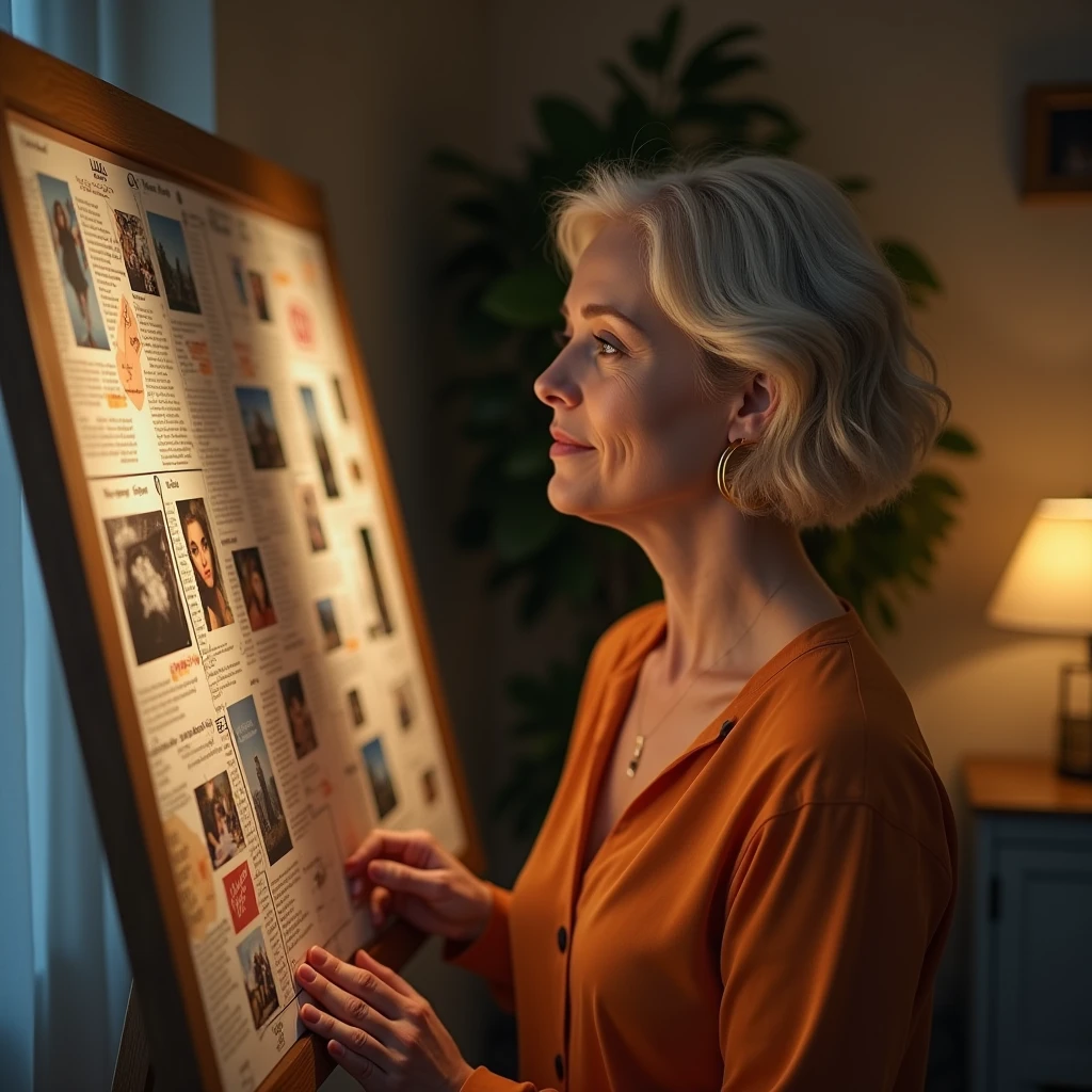 Create A 40-year-old woman looking at a vision board or dream map at home, with images of personal and professional achievements. The scene should be cozy, with warm tones of brown and orange, showing a personal and intimate environment.