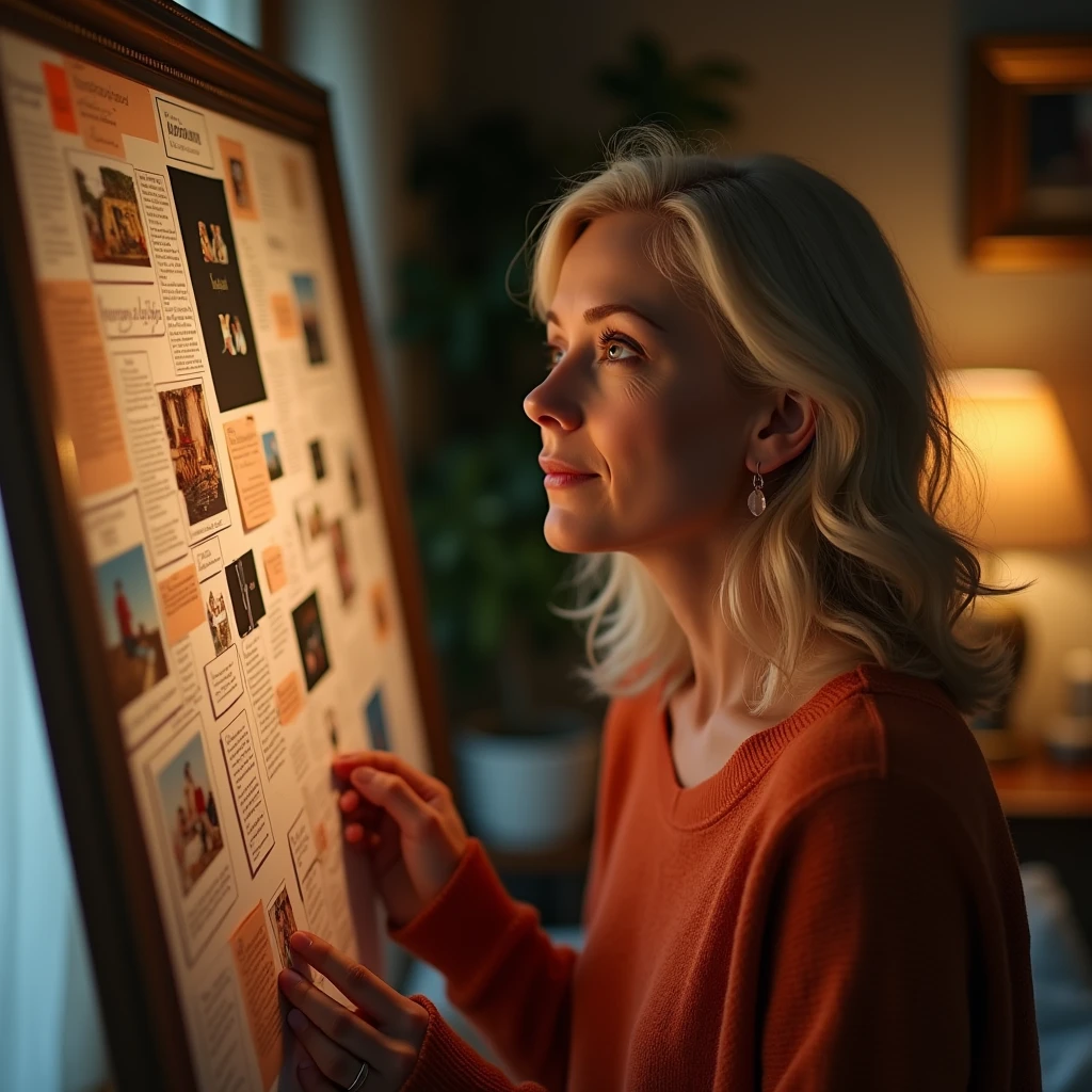 Create A 40-year-old woman looking at a vision board or dream map at home, with images of personal and professional achievements. The scene should be cozy, with warm tones of brown and orange, showing a personal and intimate environment.