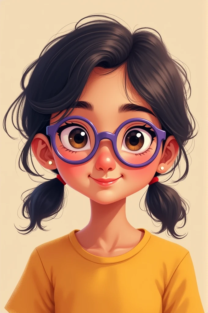 A cute, slightly chubby Indian girl who wears rounded purple frame glasses with low ponytails; button nose