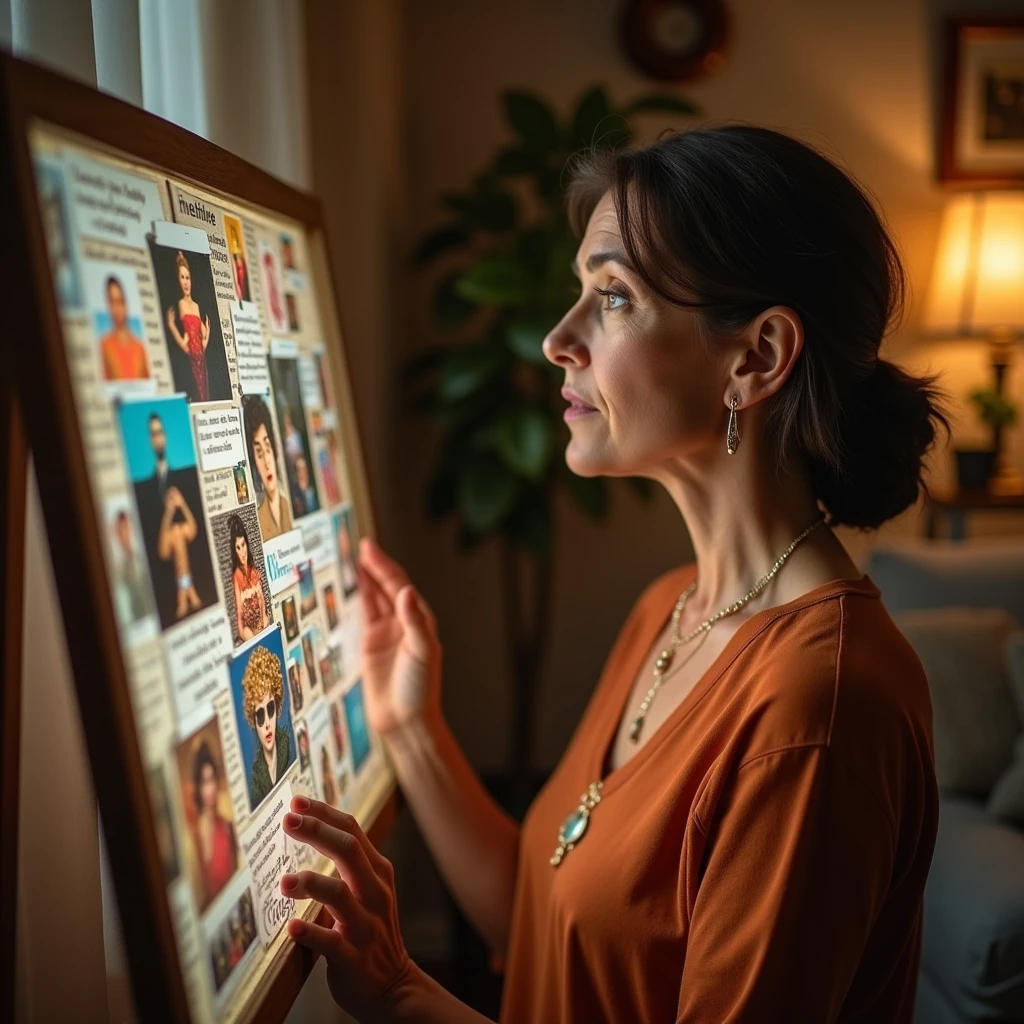 Create A 40-year-old woman looking at a vision board or dream map at home, with images of personal and professional achievements. The scene should be cozy, with warm tones of brown and orange, showing a personal and intimate environment.