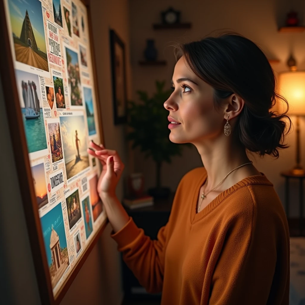 Create A 40-year-old woman looking at a vision board or dream map at home, with images of personal and professional achievements. The scene should be cozy, with warm tones of brown and orange, showing a personal and intimate environment.