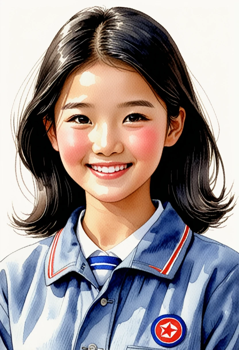 Hand-drawn watercolor illustration, One Girl,north korea、north koreaの中学生,north koreaの学生服、Black hair（Bob Hair、forehead）, smile,cute, cute, Simple, Pencil line drawing