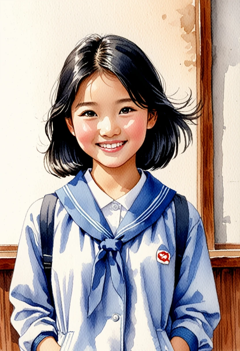 Hand-drawn watercolor illustration, One Girl,north korea、north koreaの中学生,north koreaの学生服、Black hair（Bob Hair、forehead）, smile,cute, cute, Simple, Pencil line drawing