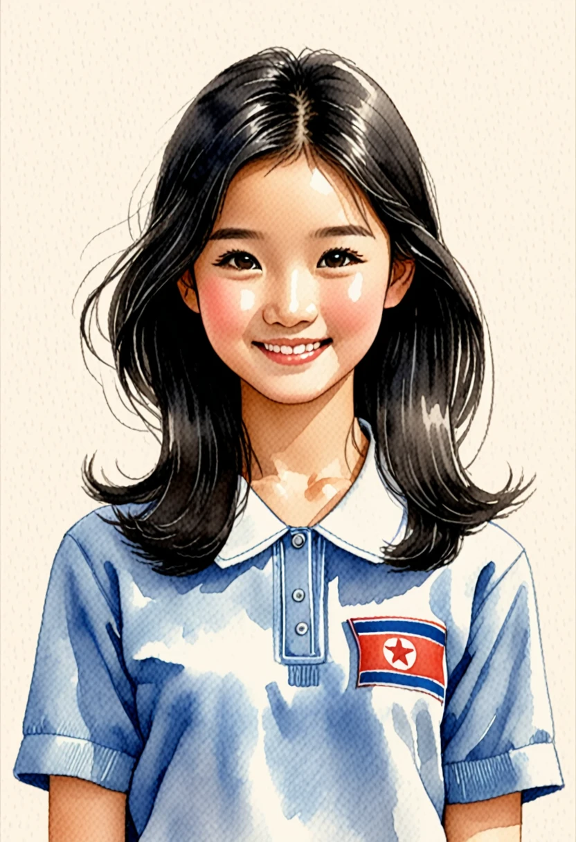Hand-drawn watercolor illustration, One Girl,north korea、north koreaの中学生,north koreaの学生服、Black hair(Bob Hair、forehead)15 years old, smile,cute, cute, Simple, Pencil line drawing
