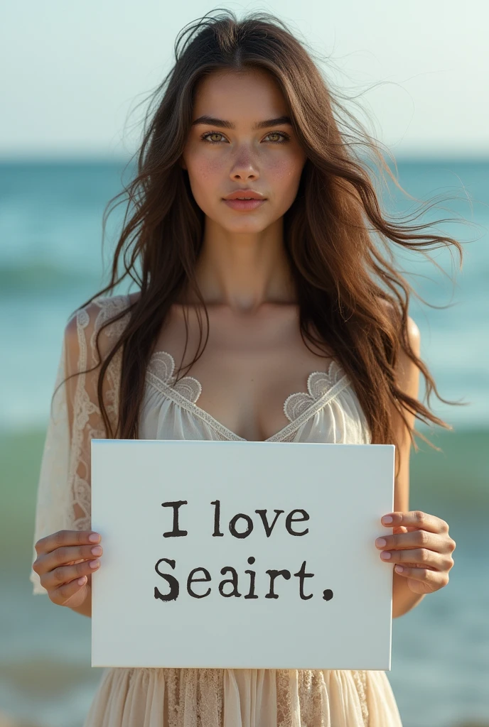 Beautiful girl with wavy long hair, bohemian dress, holding a white board with text "I Love Seaart Infinity" and showing it to the viewer
