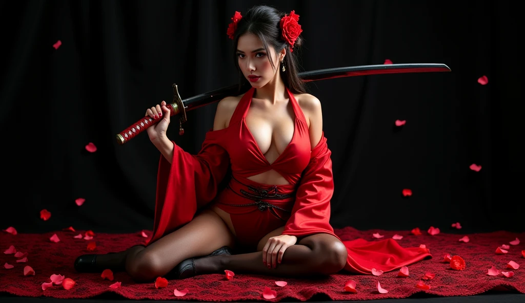 Red kimono open shoulders open legs beautiful breasts stockings black background red rose petals lace samurai sword