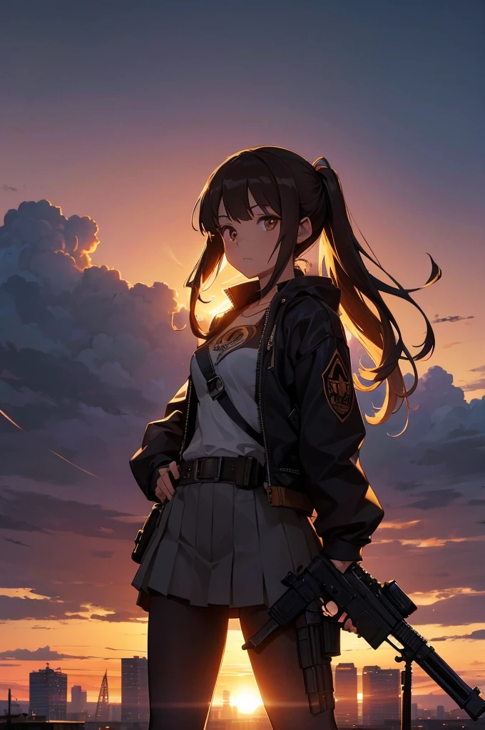 Cityscape, building, Skyline, sunset, Silhouette with cumulonimbus clouds in the background, meditation. Watching the beautiful sunset, sunset時に, sunset時, sunsetとともに, In the sunset, Nice views, Sunset view, With the sunset, sunset時に, During Golden Hour, looking sunset時に, Sunset in the background, Watching the sunset, In the spotlight, holding_gun, assault_rifle, Very detailed, Brown Hair, Long Hair, Anime Style, whole body, alone, Stylish Gunfighter Girl, Holding a steampunk long barrel pistol, The background is a dark and desolate landscape, Horror movie atmosphere. Her figure is very beautiful, Emphasizing the dark and crazy elements. Skillfully expressing the effects of light and shadow, Anime girls with guns and rifles, from Girls' Frontline