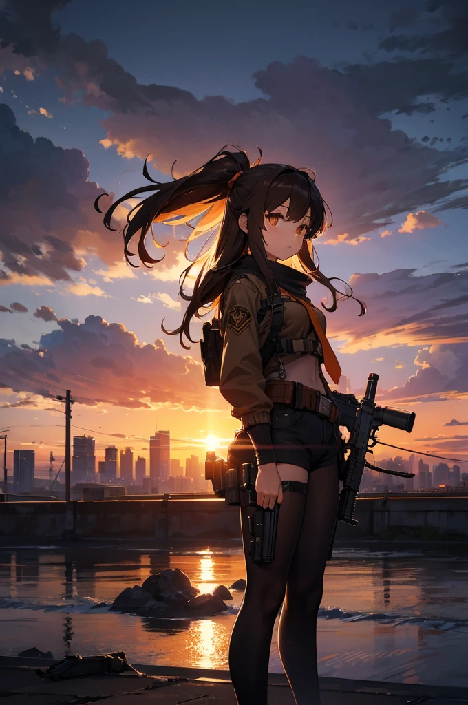 Cityscape, building, Skyline, sunset, Silhouette with cumulonimbus clouds in the background, meditation. Watching the beautiful sunset, sunset時に, sunset時, sunsetとともに, In the sunset, Nice views, Sunset view, With the sunset, sunset時に, During Golden Hour, looking sunset時に, Sunset in the background, Watching the sunset, In the spotlight, holding_gun, assault_rifle, Very detailed, Brown Hair, Long Hair, Anime Style, whole body, alone, Stylish Gunfighter Girl, Holding a steampunk long barrel pistol, The background is a dark and desolate landscape, Horror movie atmosphere. Her figure is very beautiful, Emphasizing the dark and crazy elements. Skillfully expressing the effects of light and shadow, Anime girls with guns and rifles, from Girls' Frontline