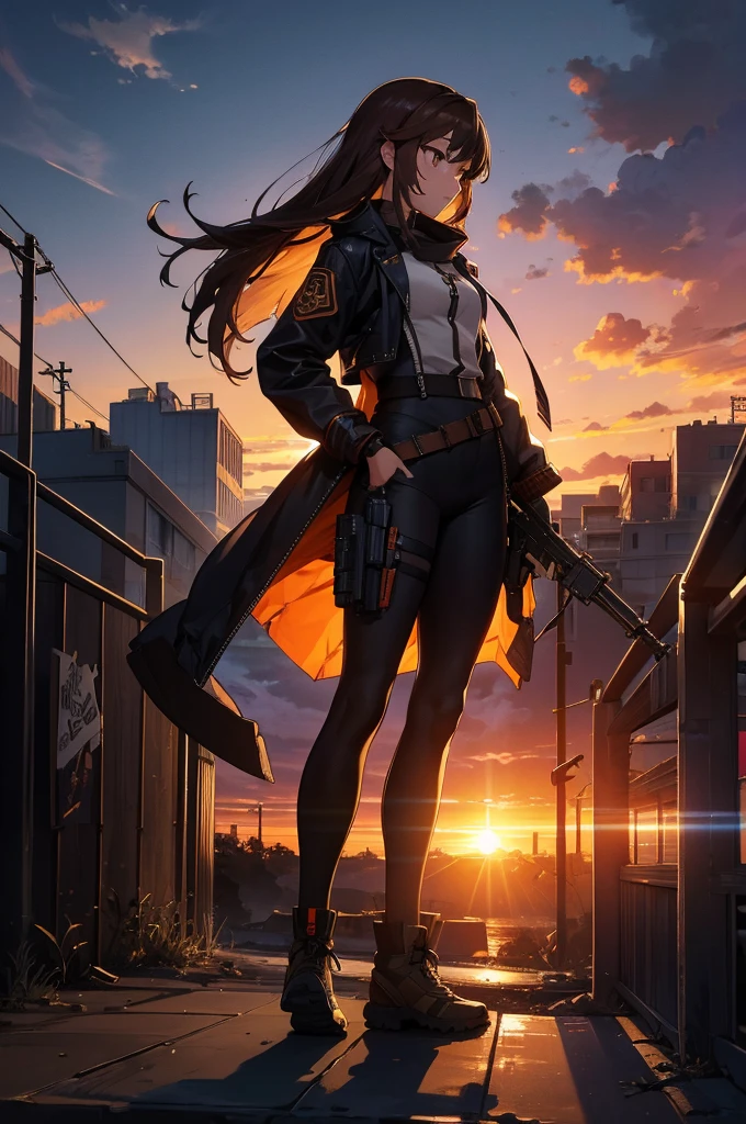 Cityscape, building, Skyline, sunset, Silhouette with cumulonimbus clouds in the background, meditation. Watching the beautiful sunset, sunset時に, sunset時, sunsetとともに, In the sunset, Nice views, Sunset view, With the sunset, sunset時に, During Golden Hour, looking sunset時に, Sunset in the background, Watching the sunset, In the spotlight, holding_gun, assault_rifle, Very detailed, Brown Hair, Long Hair, Anime Style, whole body, alone, Stylish Gunfighter Girl, Holding a steampunk long barrel pistol, The background is a dark and desolate landscape, Horror movie atmosphere. Her figure is very beautiful, Emphasizing the dark and crazy elements. Skillfully expressing the effects of light and shadow, Anime girls with guns and rifles, from Girls&#39; Frontline