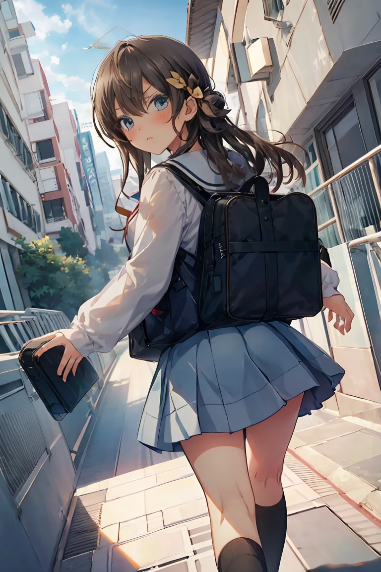 animese anime girl in skirt and blouse with suitcase walking up the stairs, 1girl, stairs, skirt, long hair,angry,blush, looking at viewer, looking back, bag, solo, grey skirt, school uniform, pleated skirt,covering ass, from behind, blush, long sleeves, bangs, school bag,low angle,(Cover your buttocks with your hands),full body