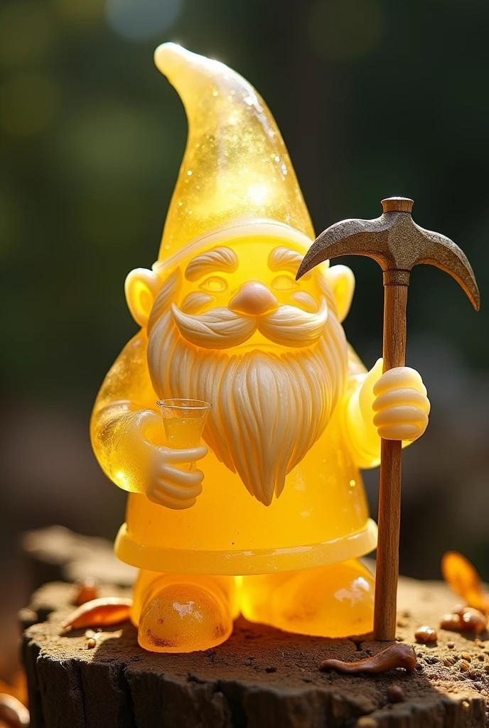 citrine crystal cut into the shape of a gnome drinking lemonade add a pickaxe