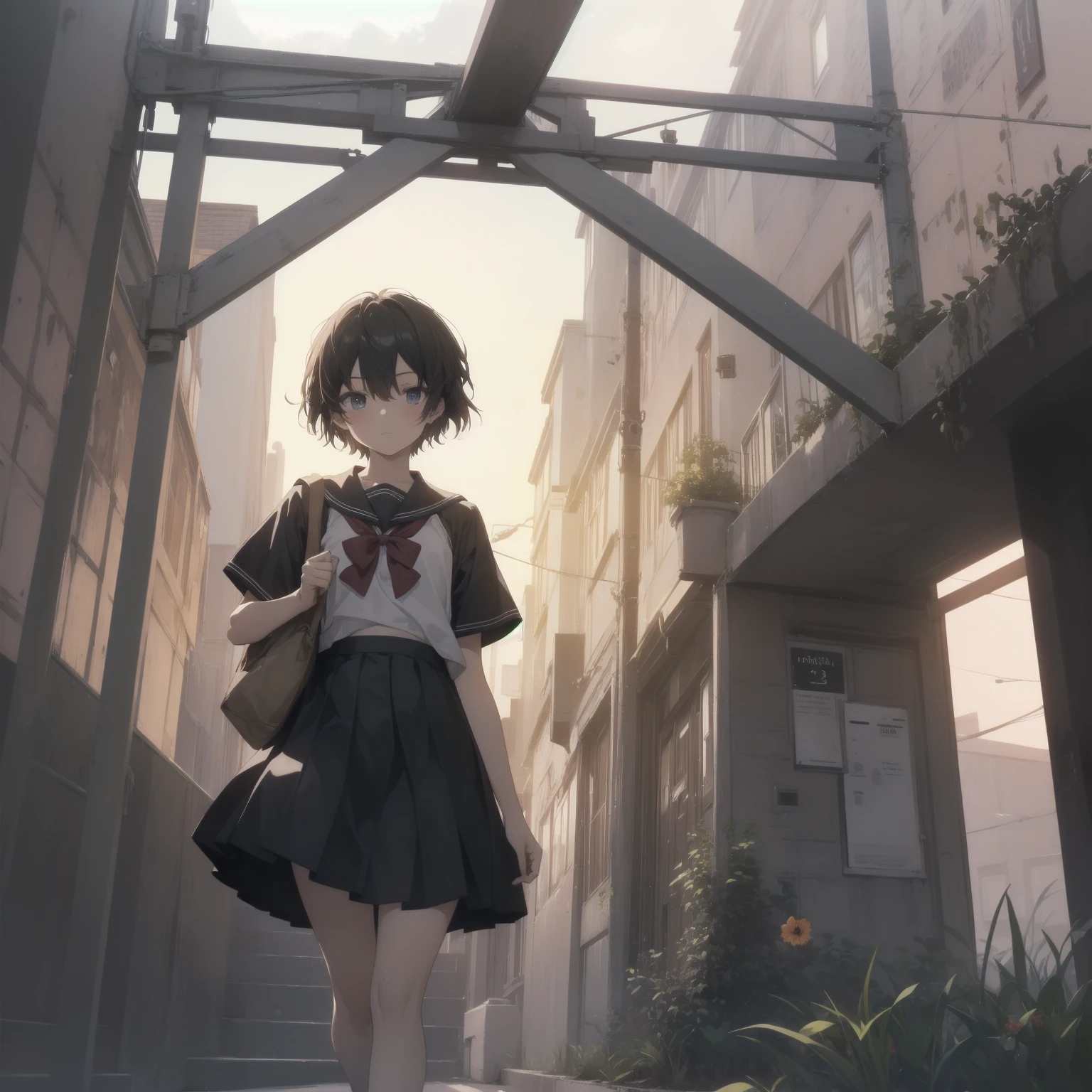 ultra-absurdres-Top quality by artist God, ultra-detailed, high resolution, anime moe artstyle, best anime 8k konachan wallpaper, pixiv contest winner, pool:2810, perfect ???????,break, 1girl, (Please draw a girl walking sleepily to school alone. )break,(Solo,little female, 13-year-old:1.3),Full limbs, complete fingers,a junior high school student, (very short hair), short cut, flat chest, , small butt, small black eyes, beautiful detailed eyes, well-proportioned iris and pupils, expressive eyes, highres detailed hair, soft expression, salor school_uniform, sailor collar, serahuku, bow, pleated skirt,(Detailed Lighting), (Detailed background), in the School commute route. break,super detailed skin, Best cinematic lighting powered by famous artist, 8k,beauty illustration,photoshop_(medium),very aesthetic,break,((artist:yuureidoushi_(yuurei6214) )), artist:clamp ,artist:carnelian ,artist:kantoku ,
