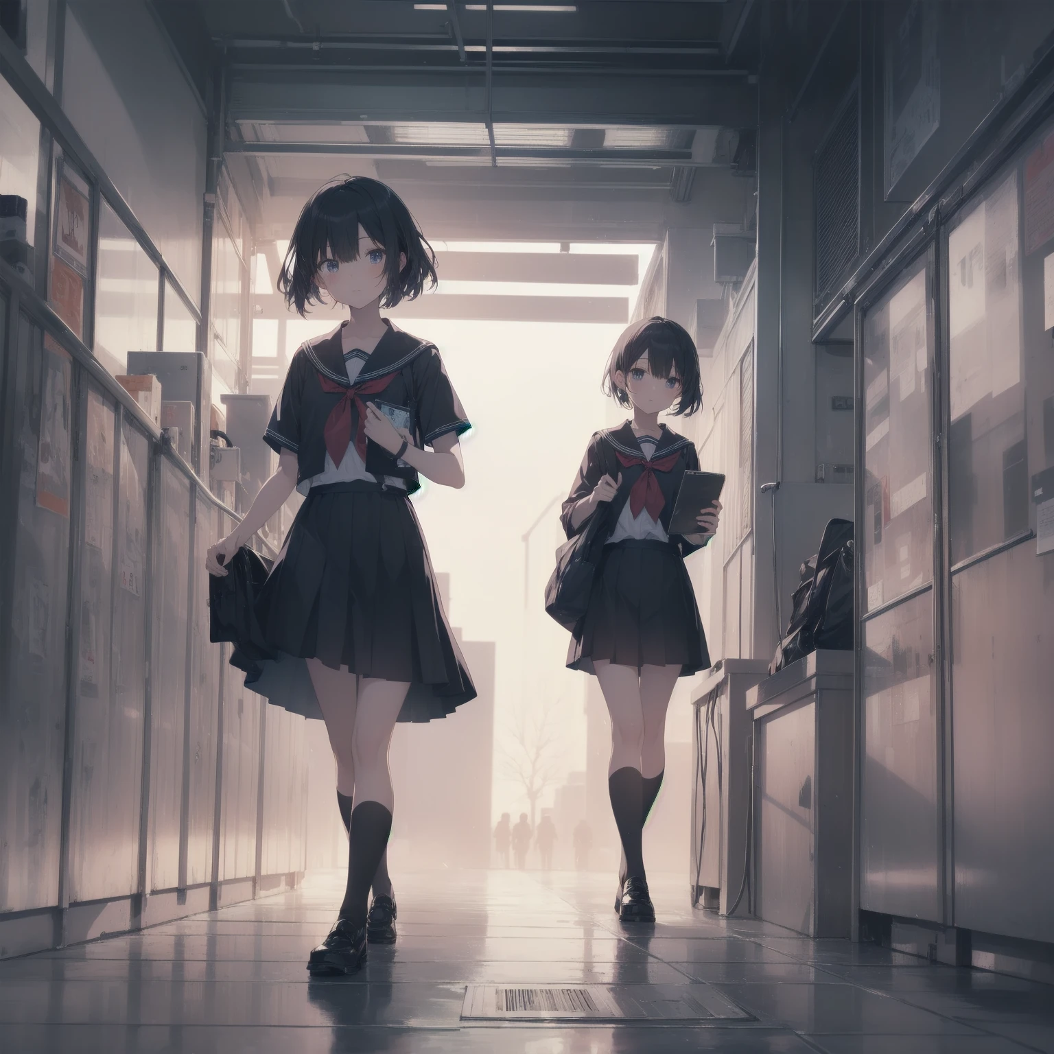 ultra-absurdres-Top quality by artist God, ultra-detailed, high resolution, anime moe artstyle, best anime 8k konachan wallpaper, pixiv contest winner, pool:2810, perfect anatomy,break, 1girl, (Please draw a girl walking sleepily to school alone. )break,(Solo,little female, 13-year-old:1.3),Full limbs, complete fingers,a junior high school student, (very short hair), short cut, flat chest, , small butt, small black eyes, beautiful detailed eyes, well-proportioned iris and pupils, expressive eyes, highres detailed hair, soft expression, salor school_uniform, sailor collar, serahuku, bow, pleated skirt,(Detailed Lighting), (Detailed background), in the School commute route. break,super detailed skin, Best cinematic lighting powered by famous artist, 8k,beauty illustration,photoshop_(medium),very aesthetic,break,((artist:yuureidoushi_(yuurei6214) )), artist:clamp ,artist:carnelian ,artist:kantoku ,
