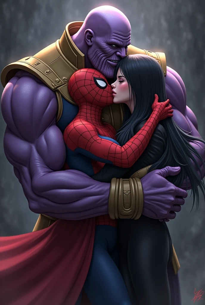 
Thanos spiderman tony stark Boy Style Naruto character Black hair a little big Dark green eyes Black coat Kissing with Hinata Hyuga


