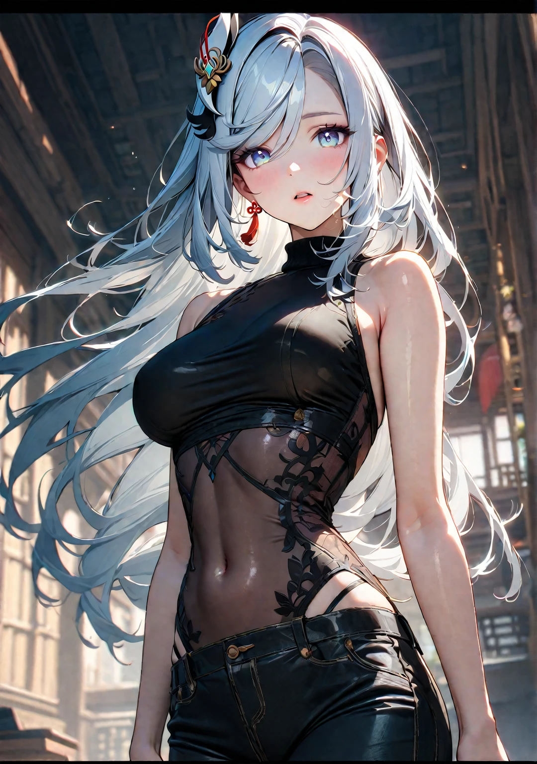 (Image from chest up:1.4)((masterpiece:1.5,Highest quality,Beautiful images、Realistic、2.5D、Artistic、Portraiture))(1girl, 独奏)(medium breasts, Silver Hair、long hair、Beautiful cleavage、sideboob、Exposing shoulders、Tattoo on shoulder)(横顔のPortraiture,Gaze sideways、Gaze diagonally、Shake your head、A sad expression, floating hair)(Monotone Abstract Background)((from diagonally forward:1.3)),Landscape,((outfit-inori,Monotone costumes))