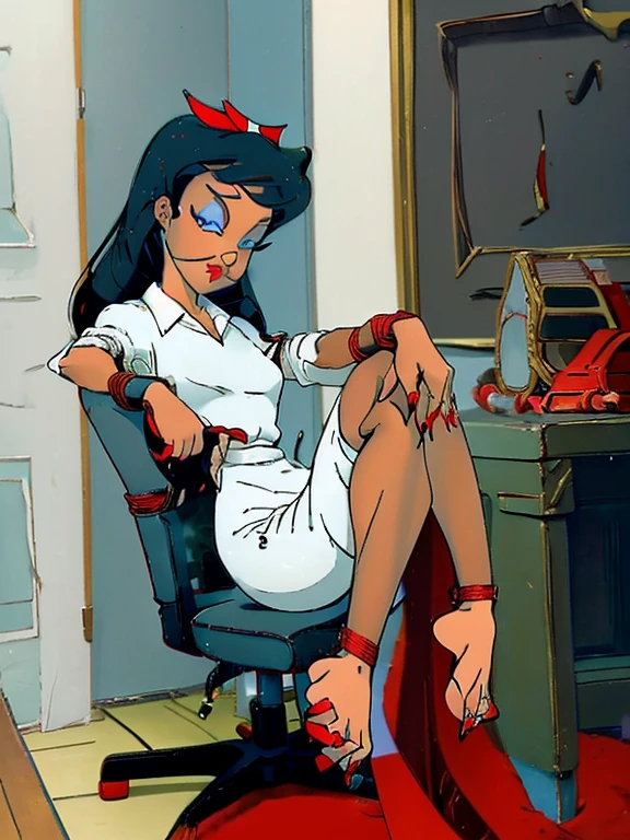 Heloise Nerz (Hello Nurse) from Animaniacs((( 5 toes, black toe nails, Focus full body, sitting on a chair, tied ankles together,tied arms, with no shoes,)))