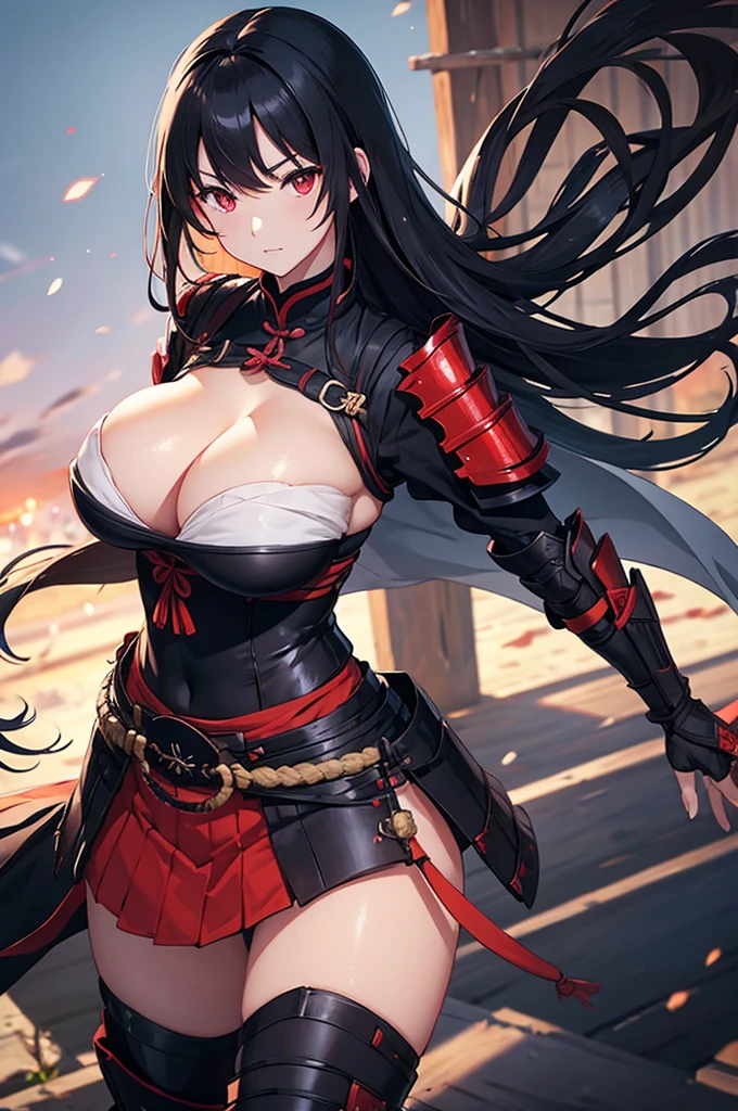 female big breast samurai armor long black hair red eyes village