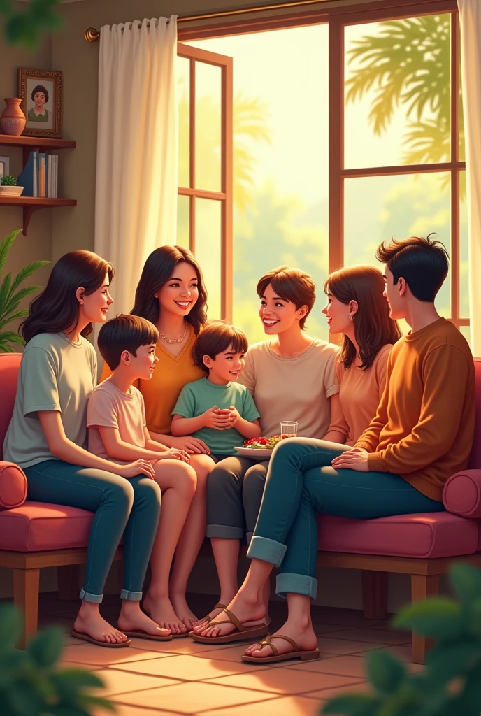 A gorup of cousins contain five women and 2 men sitting 