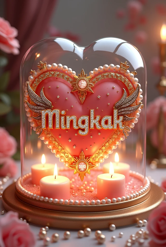 3D picture featuring the name 'Mingkak' in a luxurious style, replace the letter 'Rajan'. Her name is adorned with sparkling diamonds and gold., with crowns and wings to denote nobility and elegance. The text is arranged on a heart-shaped background in a glass case decorated with pearls and beads. The arrangement includes soft focus candles and soft roses., with a romantic and luxurious atmosphere.”