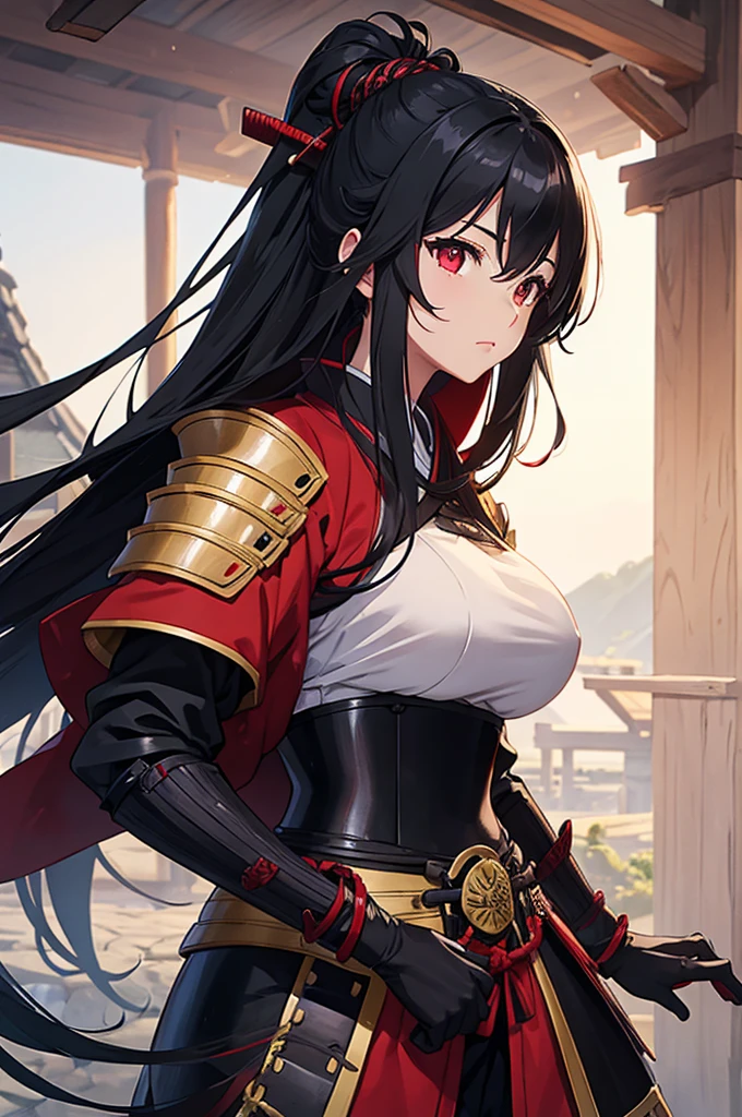 female big breast samurai armor long black hair red eyes feudal village