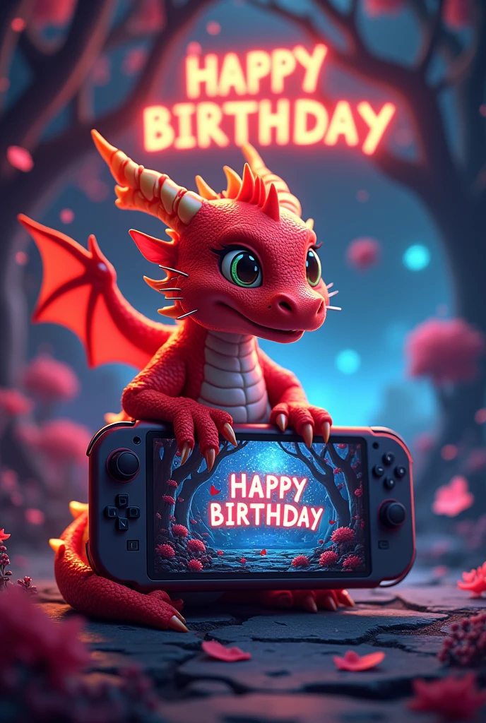 Create a birthday card with MSI's pet called lucky, a red dragon, with the handheld console called MSI claw