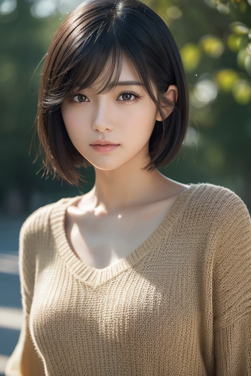 (masterpiece:1.3), (8k, Realistic, RAW Photos, Highest quality: 1.4), (One girl), Beautiful Face, (Realistic Face), (Black Hair, short hair:1.3), Beautiful hairstyle, Realistic eyes, Beautiful attention to detail, (Realistic Skin), Beautiful Skin, (sweater), Absurd, Charm, Ultra-high resolution, Ultra-realistic, Very detailed, Golden Ratio,The hairstyle is short,The whole body is visible,Big Breasts,Japanese,Simple face