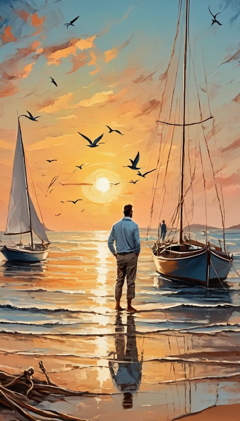 canvas painting, vector lines, a man in shabby clothes, on the beach, on a sailboat, untying the boat's mooring rope, preparing to sail the ocean, beautiful sunset atmosphere, birds flying in the sky,