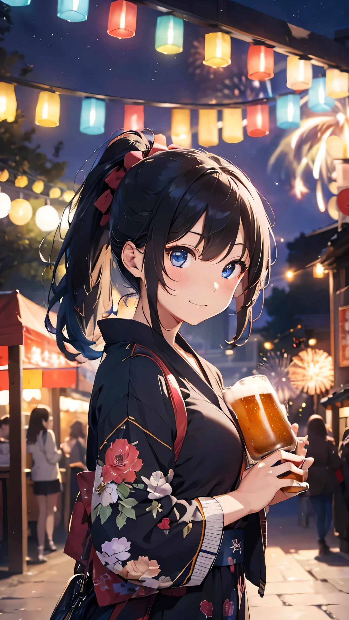 最high quality、Best image quality、masterpiece、With a girl((cute、20-year-old、Best Bust、Medium Bust、Beautiful Blue Eyes、Spread your chest wide,Black Hair、ponytail、Disheveled Hair、thin、Highest Valley、Red yukata、smile、Beer を持つ、Drunk))high quality、Beautiful art、background((night、festival、stall、Fireworks、Beer )),Tabletop、Exquisite design、Visual Arts、Written boundary depth、Best lighting、Highest detail、8k