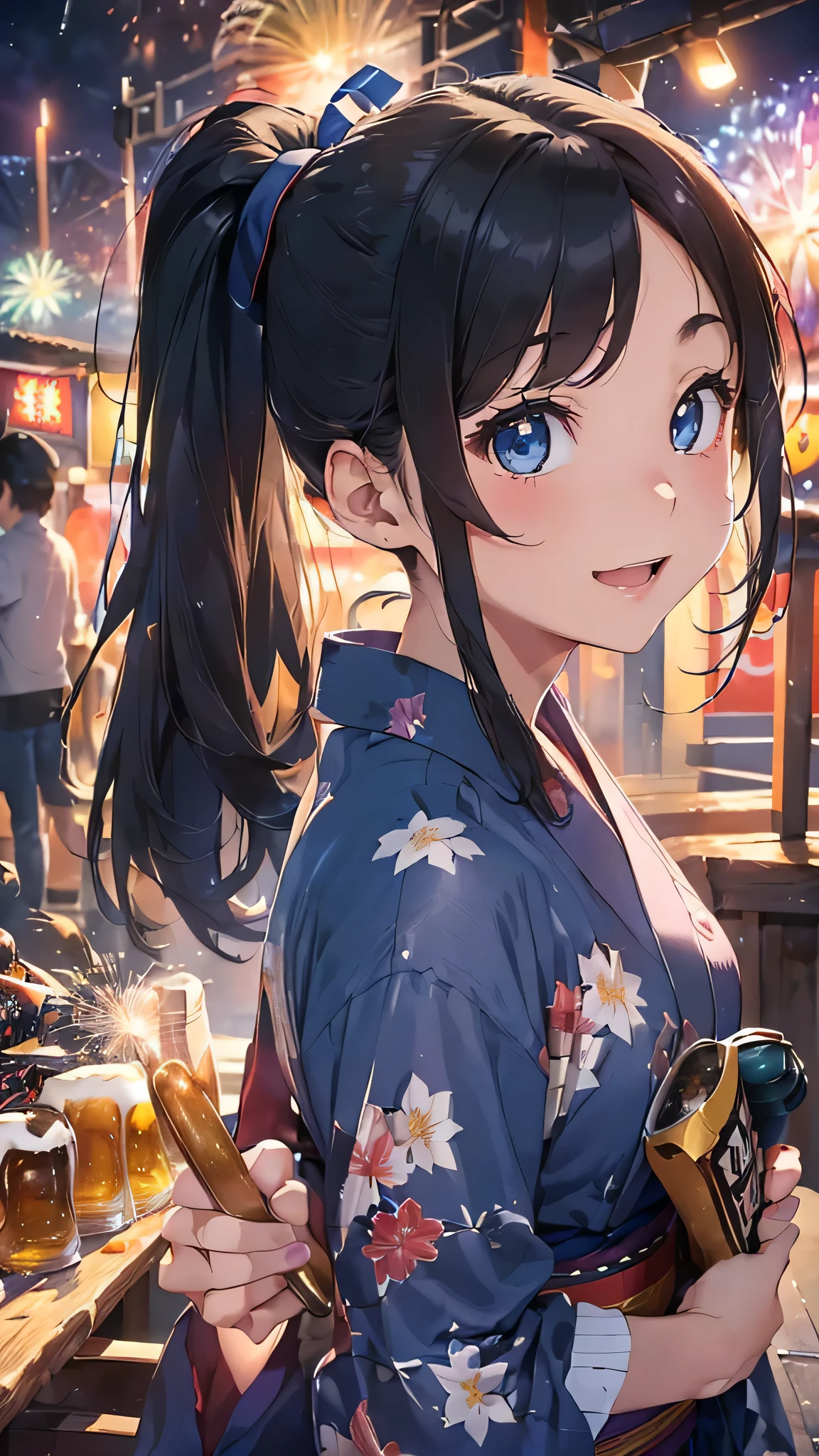 最high quality、Best image quality、masterpiece、With a girl((cute、20-year-old、Best Bust、Medium Bust、Beautiful Blue Eyes、Spread your chest wide,Black Hair、ponytail、Disheveled Hair、thin、Highest Valley、Red yukata、smile、Beer を持つ、Drunk)）high quality、Beautiful art、background((night、festival、stall、Fireworks、Beer )),Tabletop、Exquisite design、Visual Arts、Written boundary depth、Best lighting、Highest detail、8ｋ