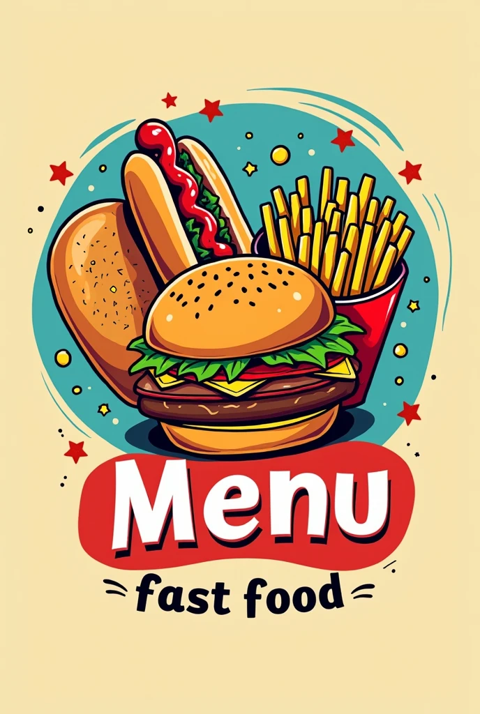 Logo for a fast food business that includes hamburgers,hotdog,arepas and fries.
