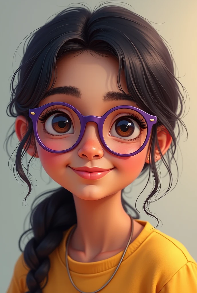 A cute, slightly chubby Indian teen girl who wears rounded purple frame glasses with a low ponytail; button nose with long hair , with some acne