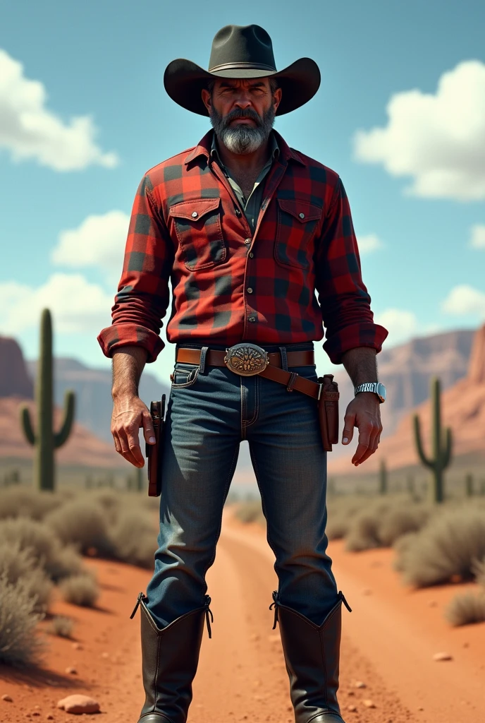 Cowboy with black boots, blue pants, red and black checkered shirt, black hat