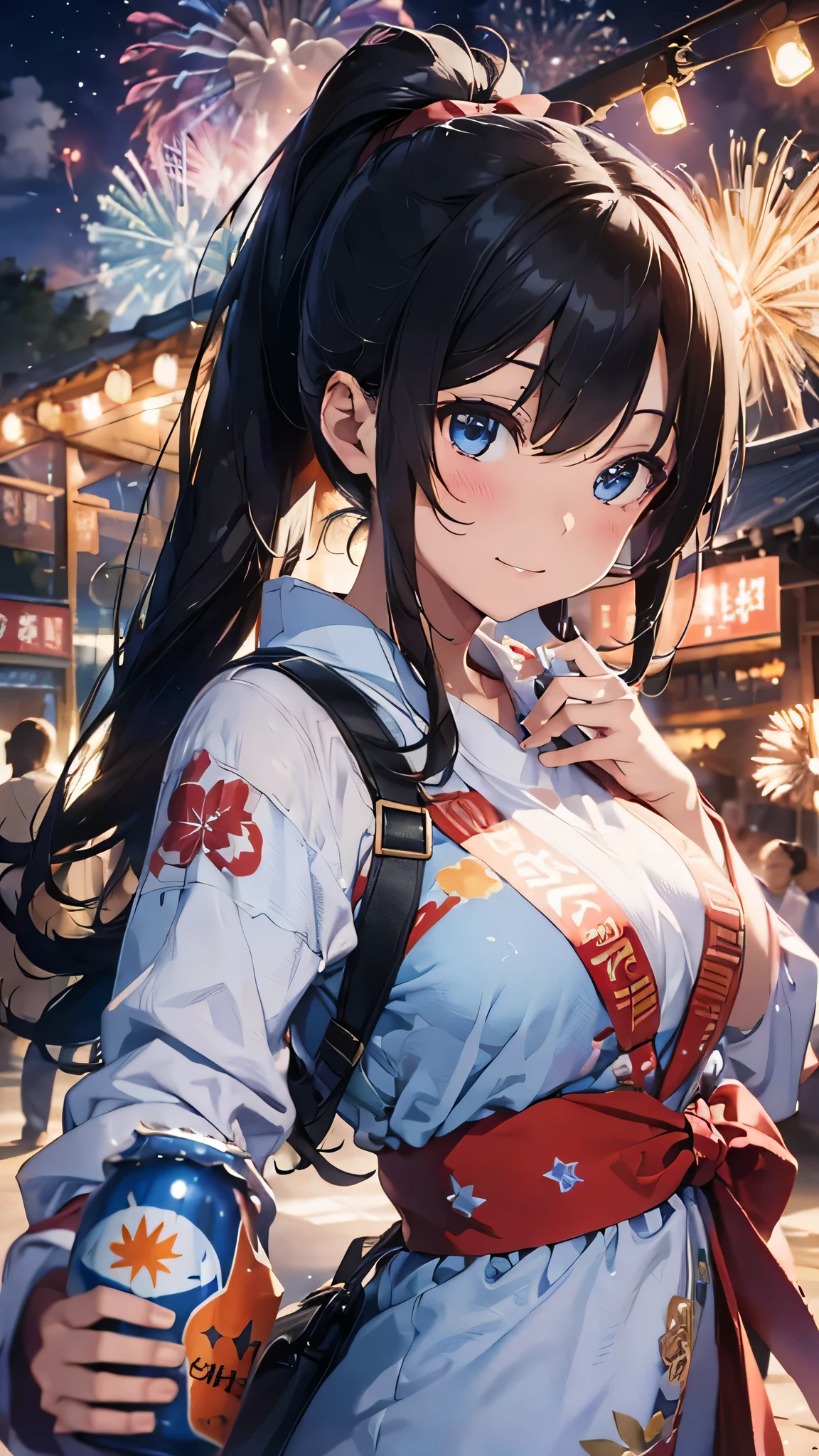 最high quality、Best image quality、masterpiece、With a girl((cute、20-year-old、Best Bust、Medium Bust、Beautiful Blue Eyes、Spread your chest wide,Black Hair、ponytail、Disheveled Hair、thin、Highest Valley、Red yukata、smile、Beer を持つ、Drunk)）high quality、Beautiful art、background((night、festival、stall、Fireworks、Beer )),Tabletop、Exquisite design、Visual Arts、Written boundary depth、Best lighting、Highest detail、8ｋ