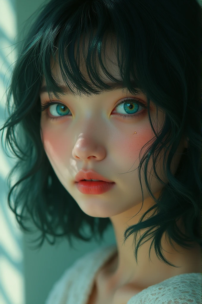 She is not very social and shy. Eyes as blue as the ocean natural dark green hair Thai-Japanese-English nationality