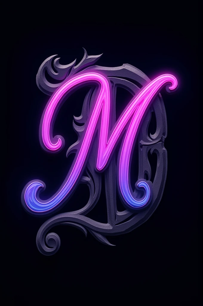 A black letter D as background and a neón Violet curvy letter M on the front