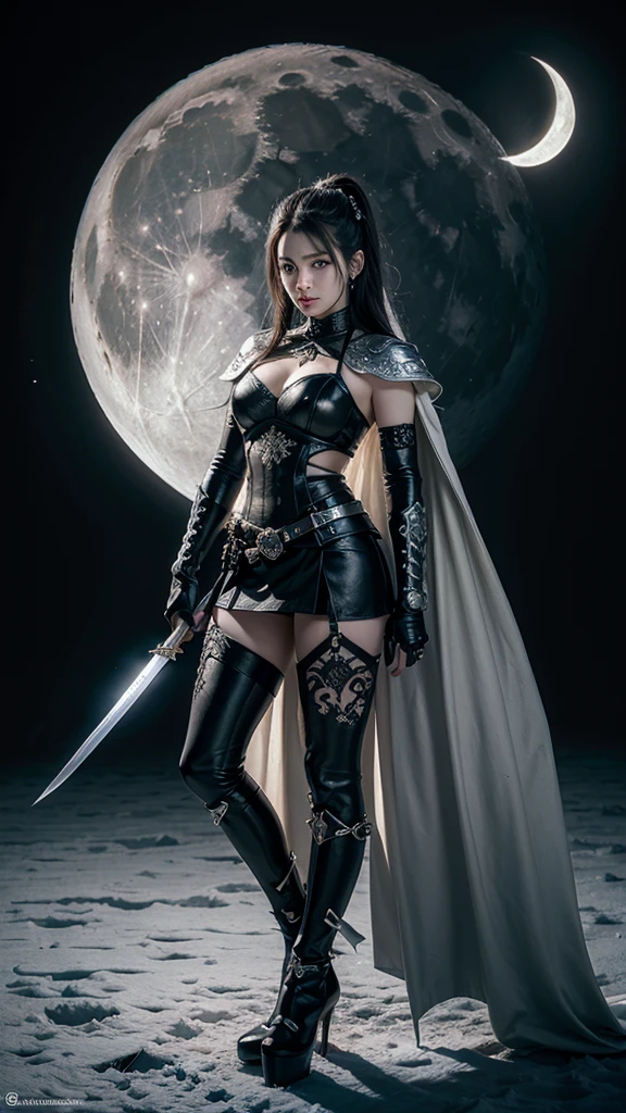 The sword is a pure white katana, with a sharp and shiny edge. in the center of the sheet, There is an intricate design of ice and snow, extending from base to tip. Black details highlight the elegance of the sword, creating a contrast that makes the katana look even more imposing..
On the edge of the sword, There are engravings of the lunar phases, from new moon to full moon. The engravings are made with an impressive level of detail., showing the progression of the moon in the night sky.
The hilt of the sword is black, with an ice and snow design that repeats across the blade. The guard is in the shape of a dragon, with ice and snow details extending to the base of the hilt.
