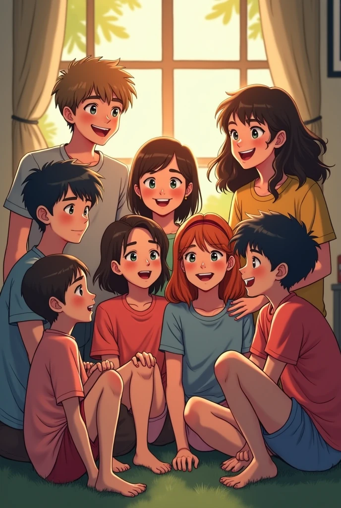 A gorup of cousins contain five girls and 2 boys s sitting