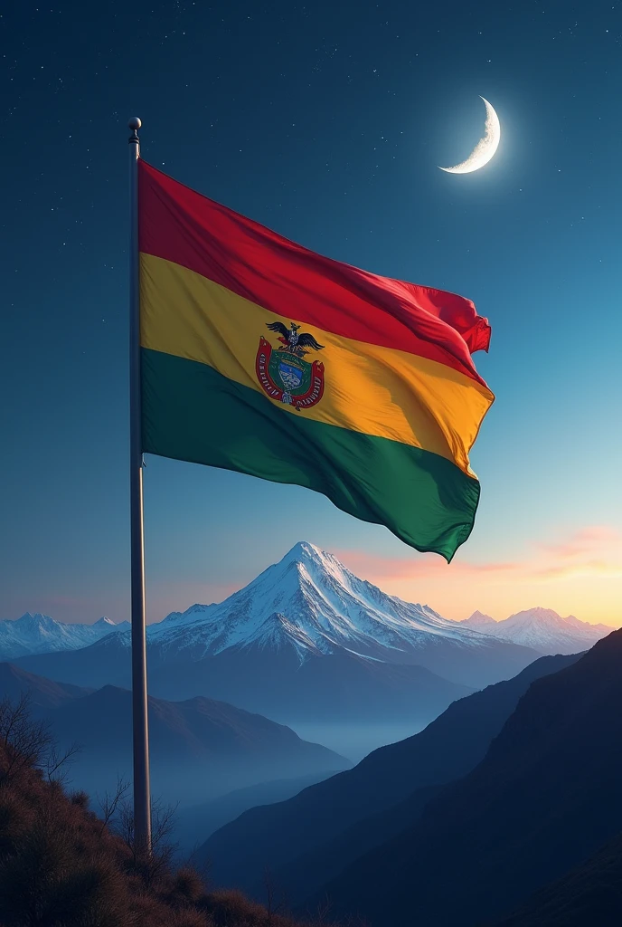 Bolivian flag waving at night with illimani and moon background