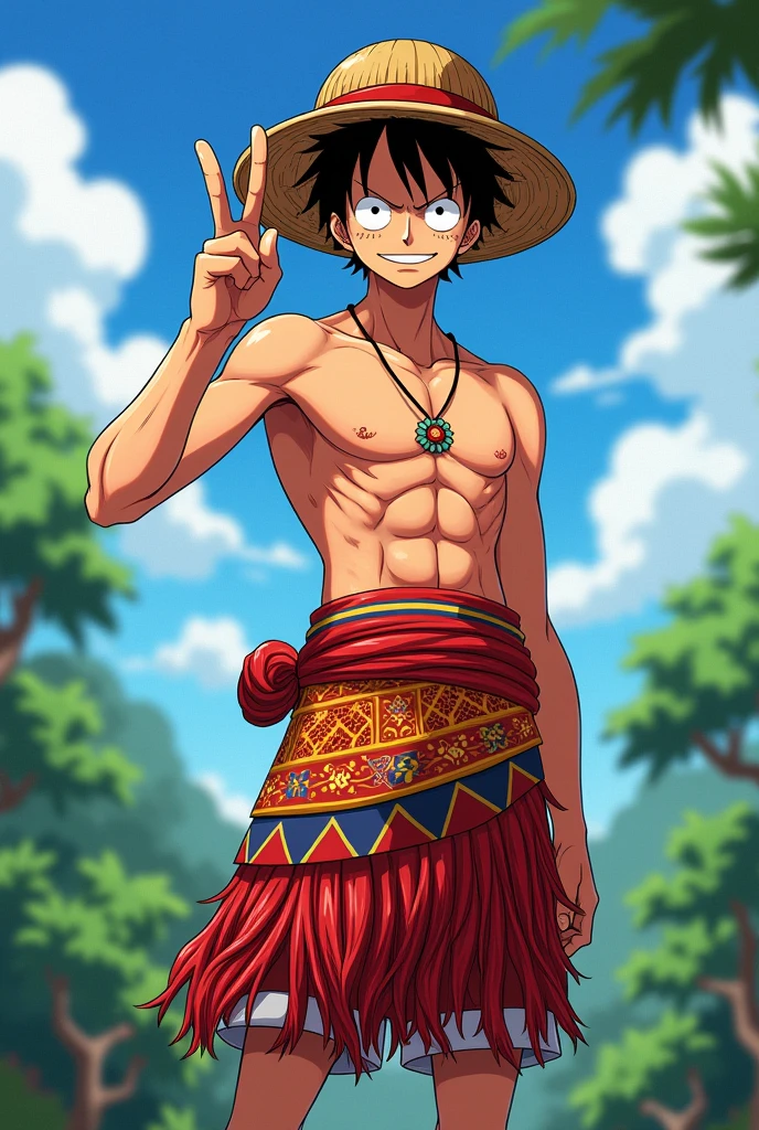 Luffy wearing philippine bahag with peace sign