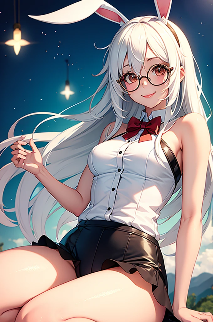 anime girl with bunny ears, white hair and round glasses looking at the viewer smiling